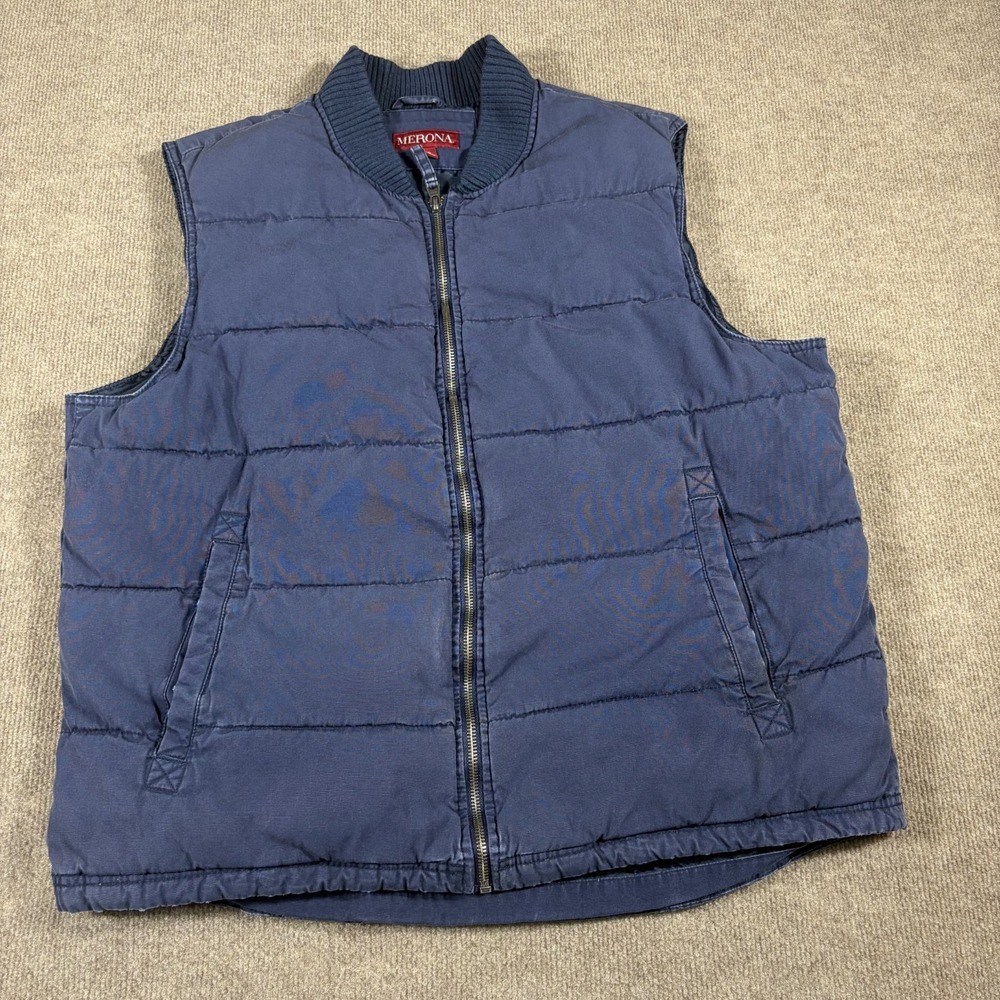 Merona Puffer Vest Men Large Blue Cotton Full Zip Horizontal Quilted Ribbed Trim
